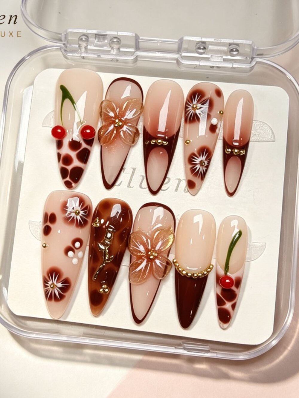 Nude Brown Tortoiseshell Stiletto Press On Nails With 3D Cherries Flowers